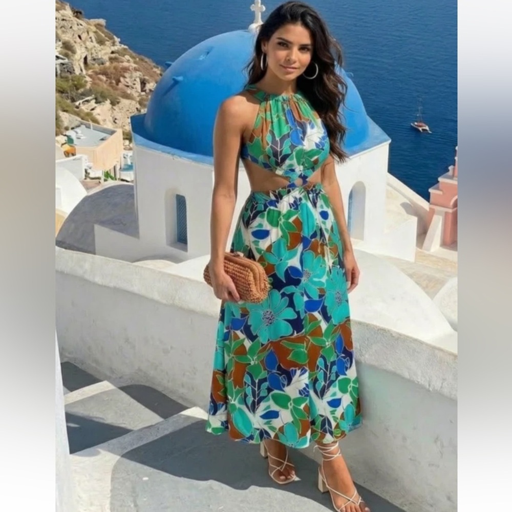 Theia Dress in Botanic Aqua Silk Voile - Picture 5 of 5